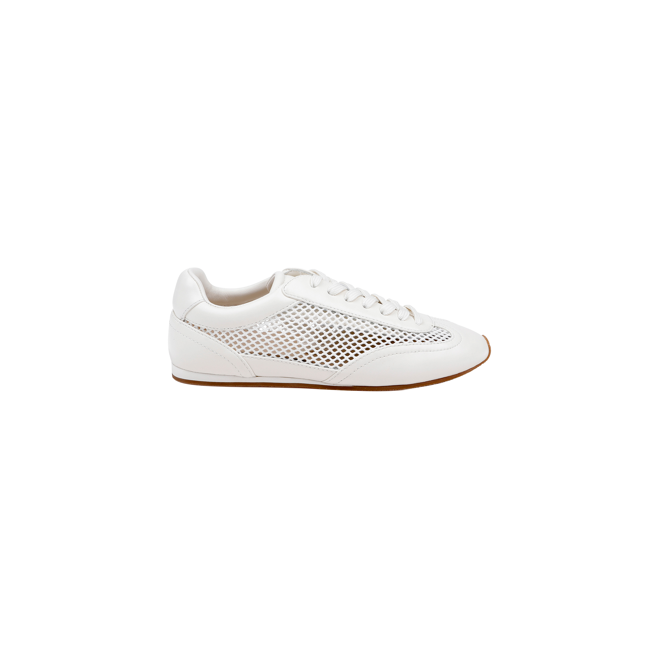 The Jarah Sneaker is a retro white shoe with a leather mesh side panel, white laces, and a light brown sole, shown against a plain white background.