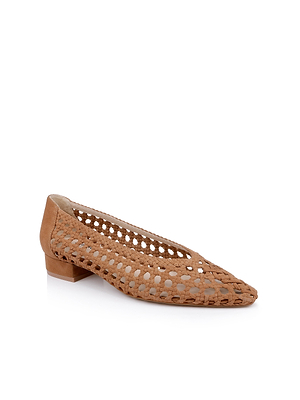 The Alsace Ballet Flat is a tan woven suede shoe featuring a low block heel, pointed toe, and open lattice design, shown against a white background.