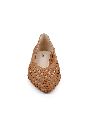 The Alsace Ballet Flat is a brown woven suede ballet flat with a pointed toe, open-weave design, and low seamless profile, shown from the front against a white background.