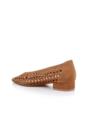 The Alsace Ballet Flat is a brown woven suede ballet flat with a pointed toe and low block heel, displayed from the side on a white background.