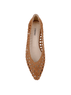 Top view of the Alsace Ballet Flat, a single tan woven suede ballet flat with a pointed toe and cut-out lattice design. Features a beige insole labeled “L’AGENCE” on a plain white background.