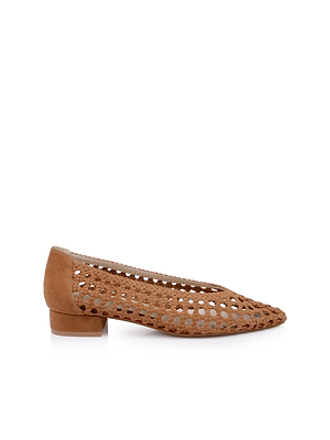 The Alsace Ballet Flat is a brown woven suede shoe featuring a pointed toe and low block heel, shown on a white background.