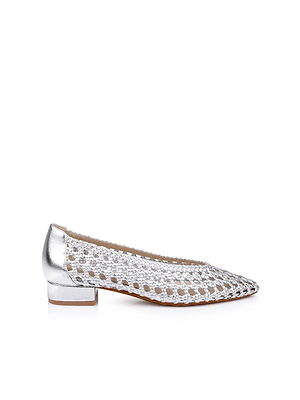 The Alsace Ballet Flat is a silver woven leather ballet flat with a low block heel, pointed toe, and open lattice design, shown on a white background.