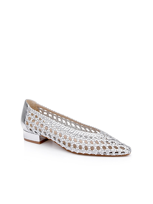 The Alsace Ballet Flat is a single silver shoe with a pointed toe, small block heel, open woven design, and shiny metallic finish on the heel and trim.