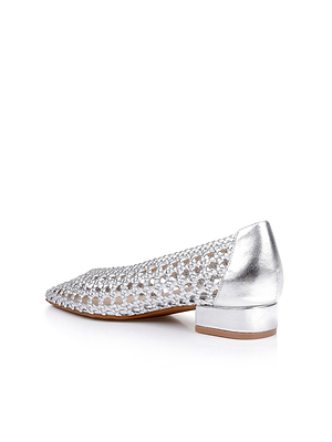 The Alsace Ballet Flat is a single silver shoe with a low block heel and a woven open mesh upper, shown against a white background.