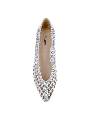 Top view of the Alsace Ballet Flat featuring a pointed toe, woven see-through silver design, and beige insole labeled LAGENCE. Displayed on a white background, this silver flat blends modern elegance with chic style.