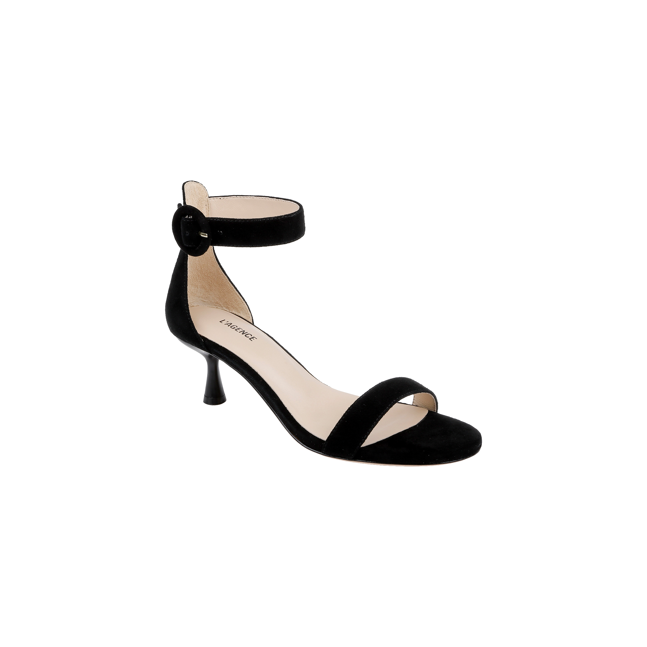 The Andelle Kitten-Heel Sandal, featuring black suede, an ankle strap with buckle, open toe design, memory foam insole, and a low kitten heel, is displayed on a white background.