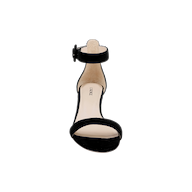 The Andelle Kitten-Heel Sandal in black suede is displayed from the front against a plain white background. Featuring an open toe and an ankle strap, this high-heeled sandal is designed for comfort with a memory foam insole.