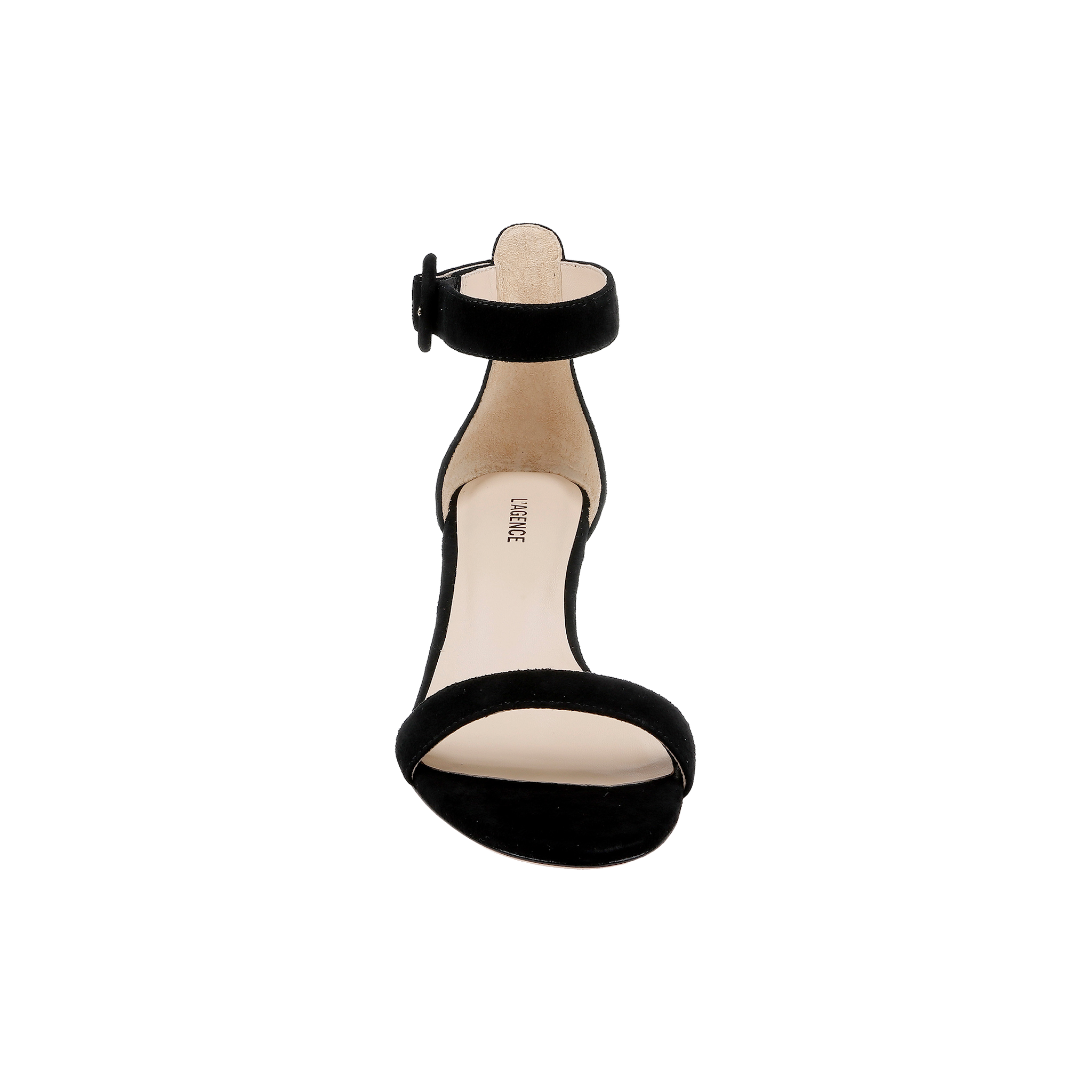 The Andelle Kitten-Heel Sandal in black suede is displayed from the front against a plain white background. Featuring an open toe and an ankle strap, this high-heeled sandal is designed for comfort with a memory foam insole.
