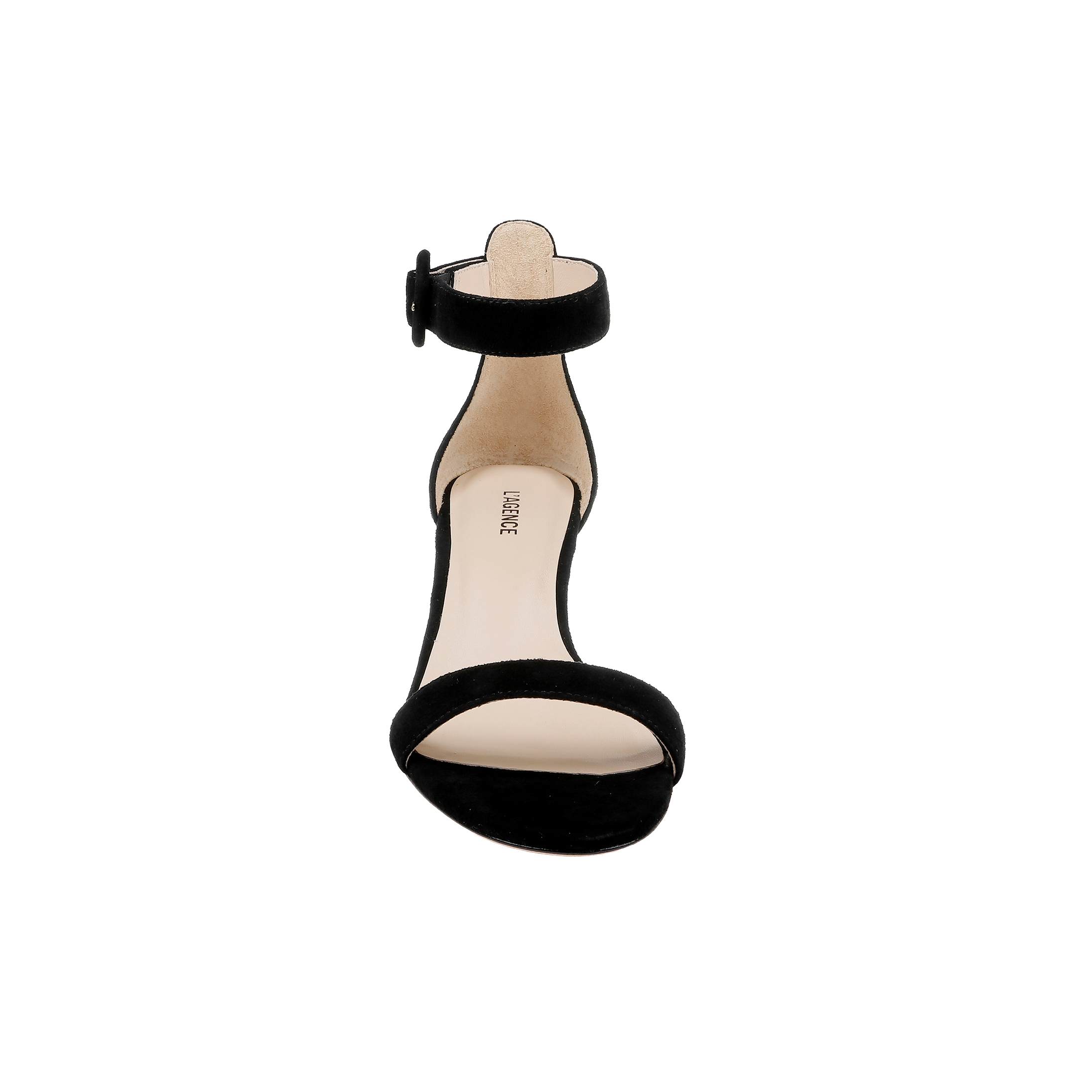 The Andelle Kitten-Heel Sandal in black suede is displayed from the front against a plain white background. Featuring an open toe and an ankle strap, this high-heeled sandal is designed for comfort with a memory foam insole.