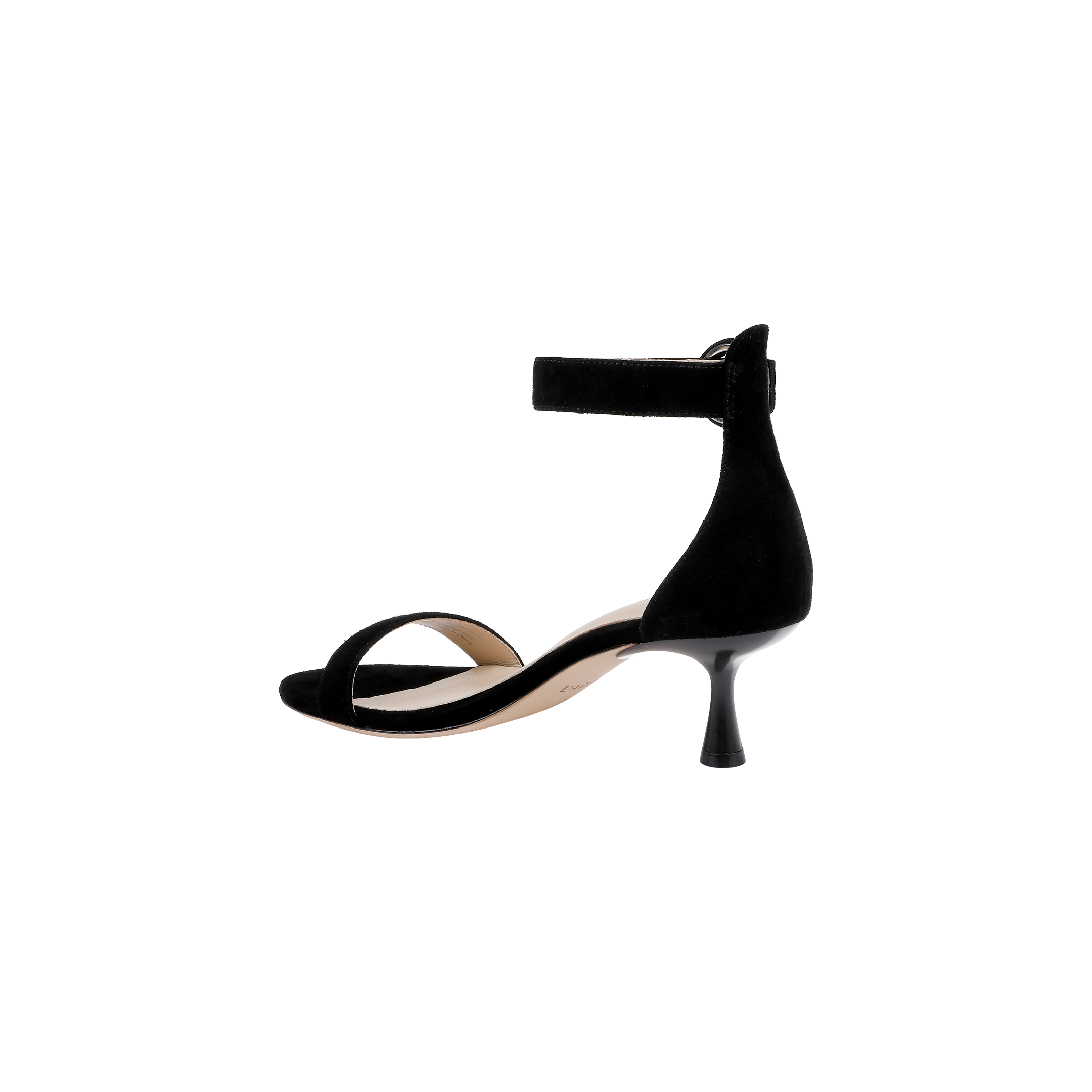 The Andelle Kitten-Heel Sandal in black suede showcases an open toe, a low curved kitten heel, and an ankle strap fastening, complemented by a memory foam insole. Shot in side profile against a plain white background.