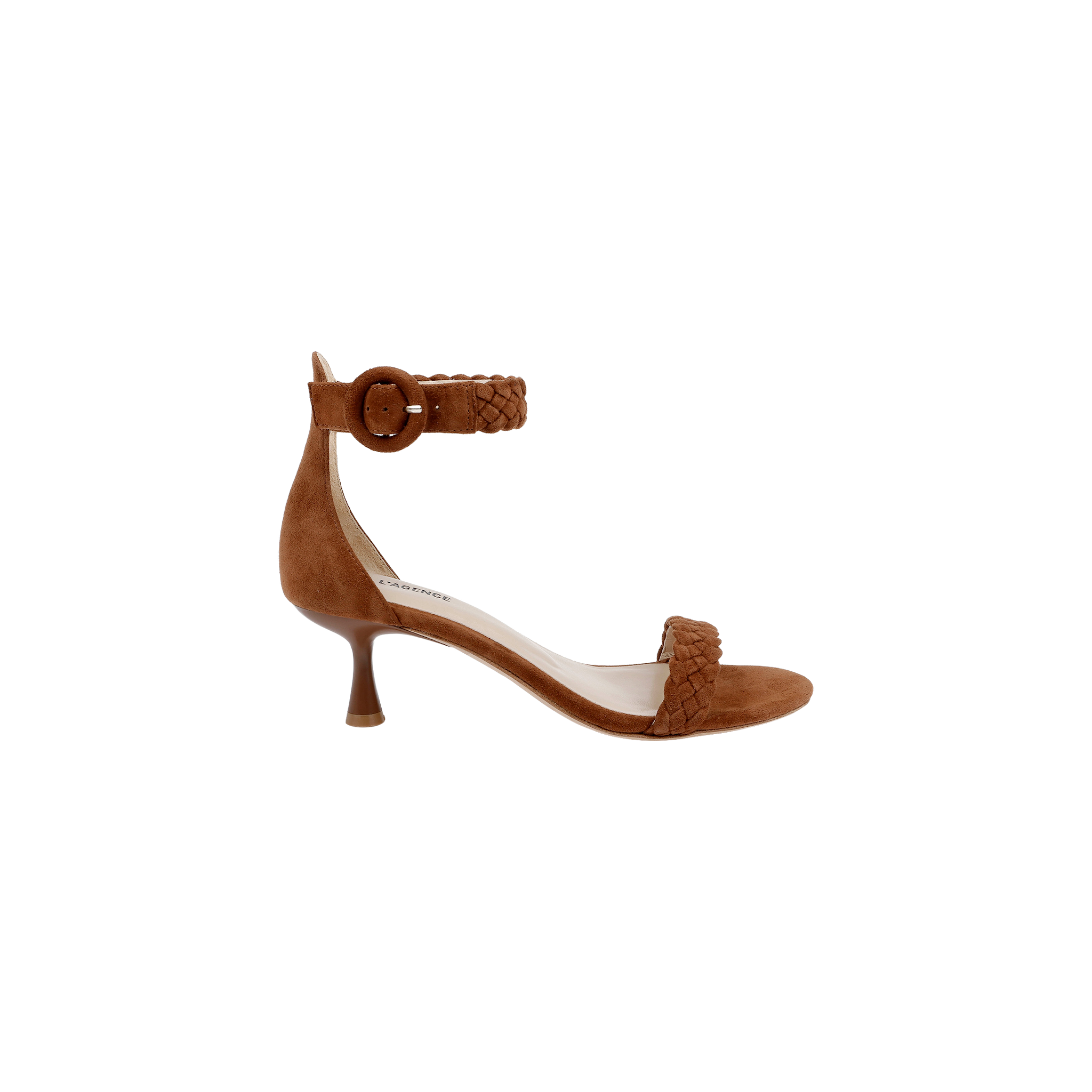 The Andelle Kitten-Heel Sandal features brown suede with a comfortable kitten heel, braided front and matching ankle straps with a round buckle, and a memory foam insole for enhanced comfort. Shown on a plain white background.