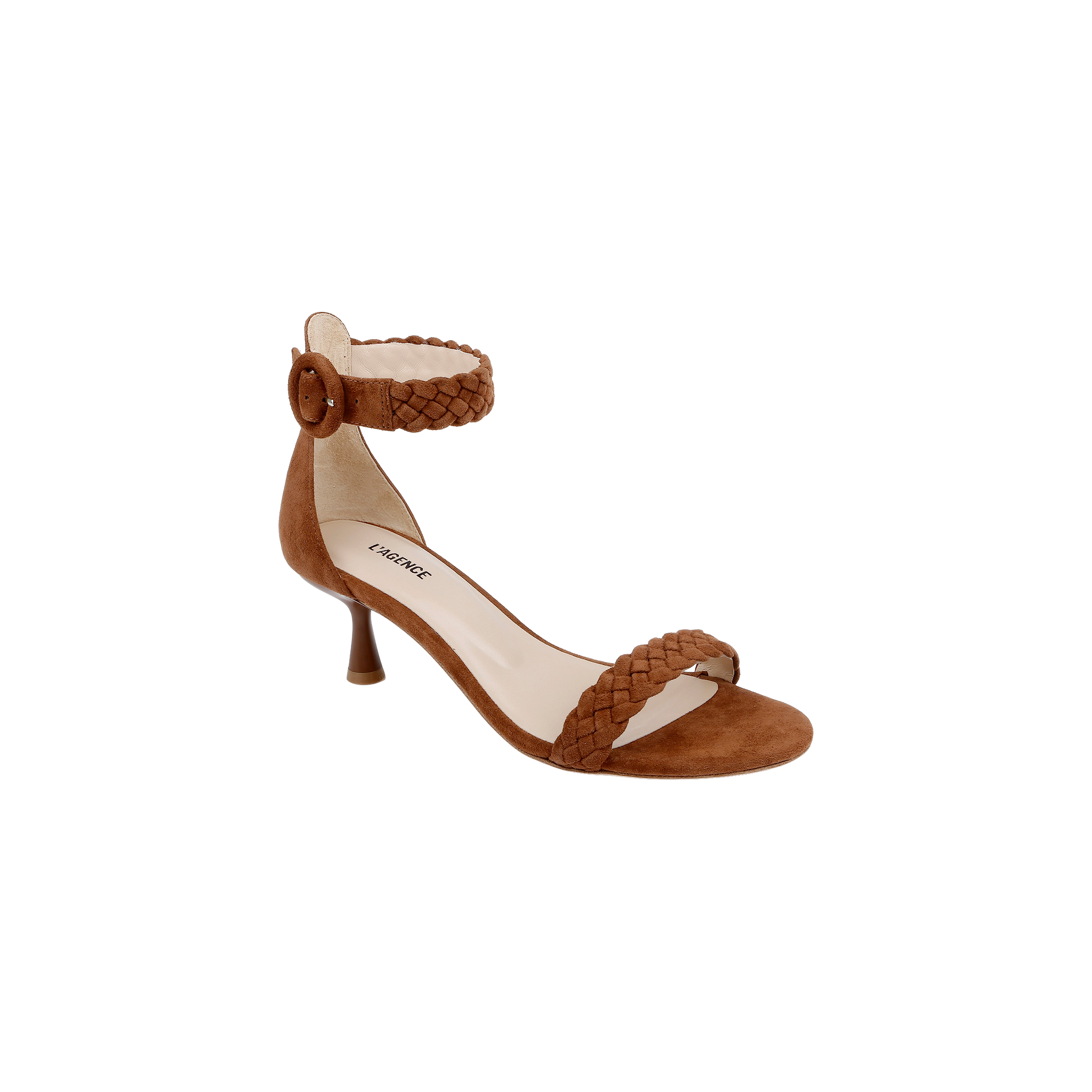 The Andelle Kitten-Heel Sandal in brown suede features woven braiding on the toe and ankle straps, a round buckle closure, and a walkable kitten heel, shown from a high angle against a plain white background.