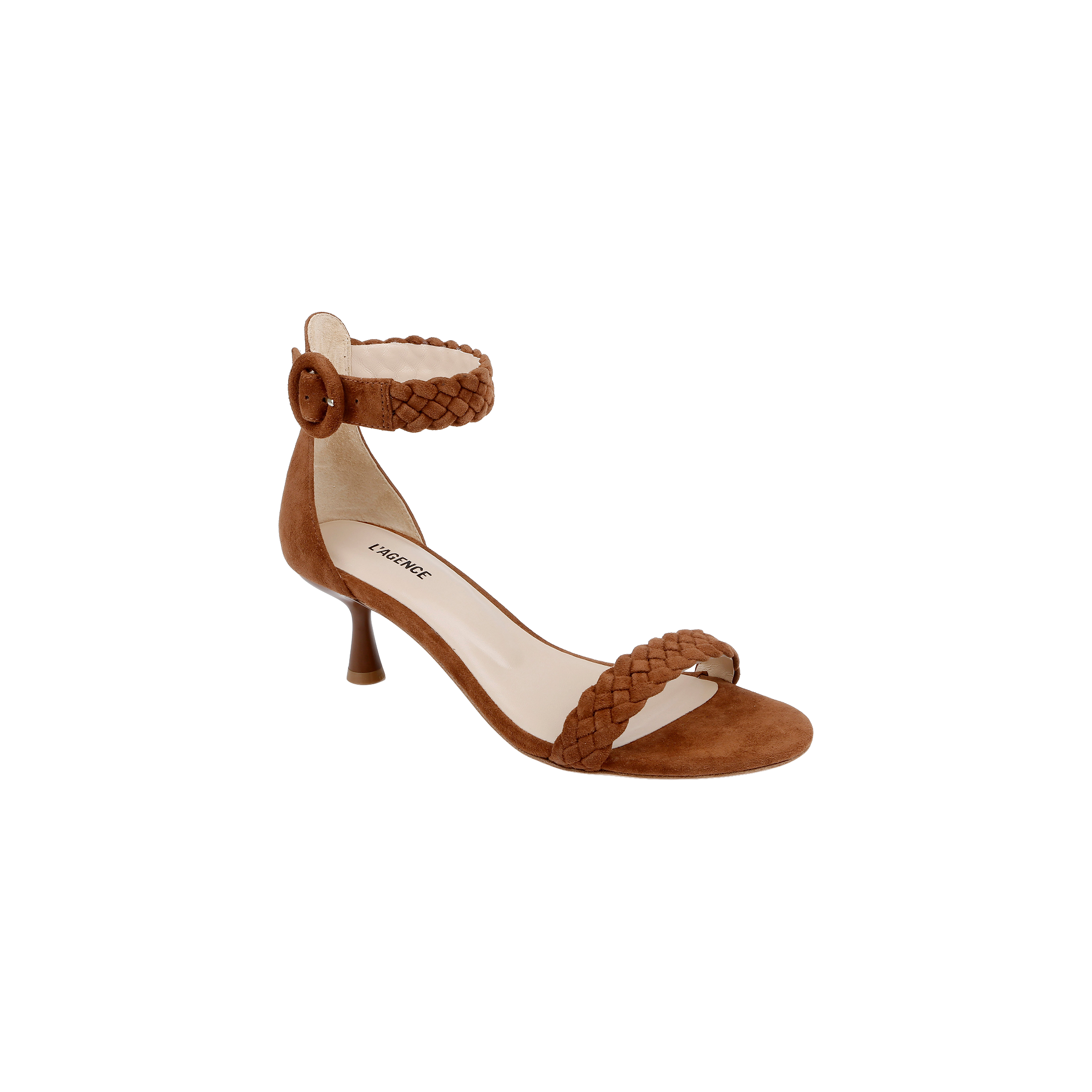 The Andelle Kitten-Heel Sandal in brown suede features woven braiding on the toe and ankle straps, a round buckle closure, and a walkable kitten heel, shown from a high angle against a plain white background.