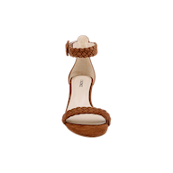 Front view of the Andelle Kitten-Heel Sandal in brown woven suede, showcasing braided ankle and toe straps, an open toe design, and a flat sole with a comfortable memory foam insole, displayed against a plain white background.