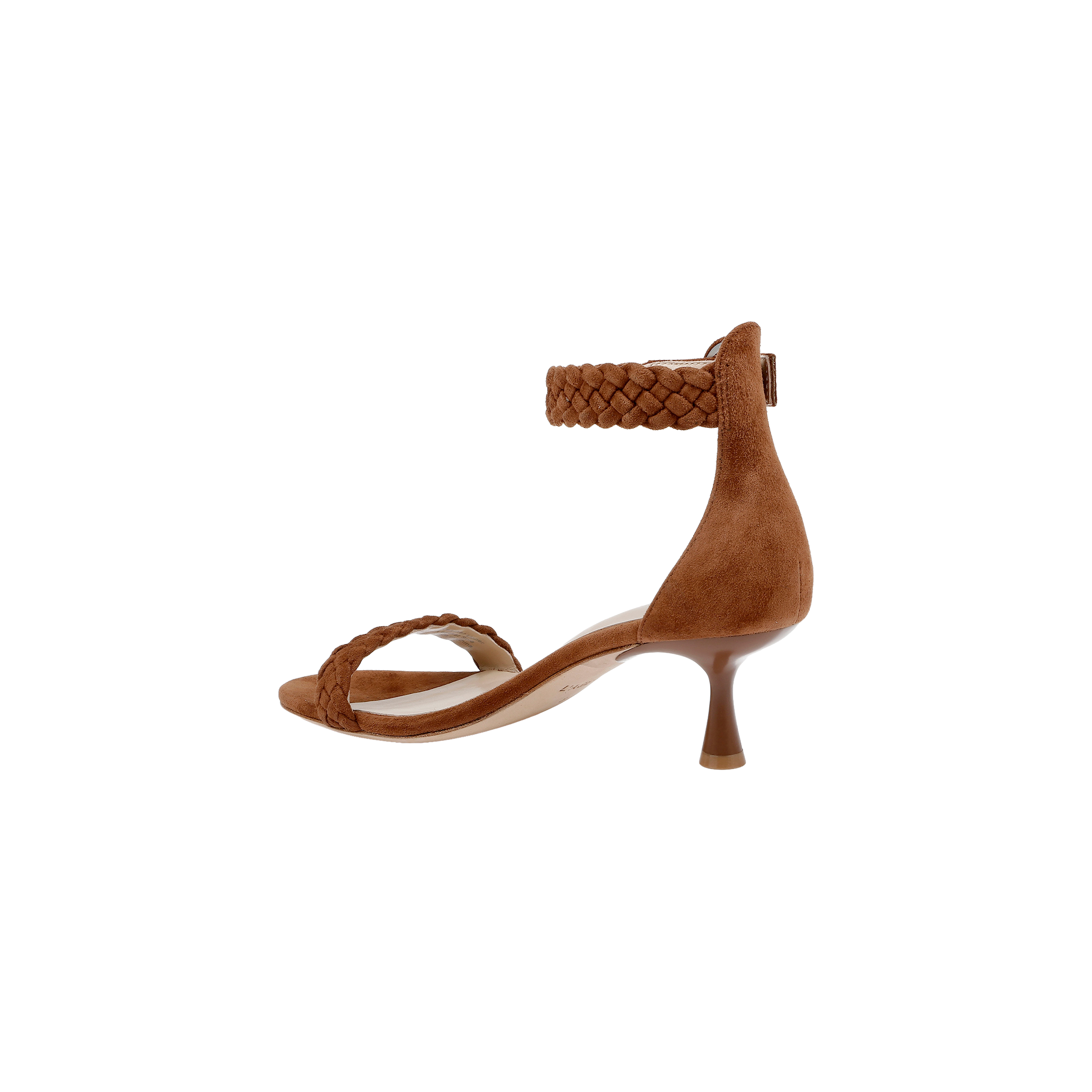 The Andelle Kitten-Heel Sandal is a brown heeled sandal featuring a braided front strap and braided ankle strap, open toe, and slim, curved kitten heel. Crafted from woven suede, this stylish sandal includes a memory foam insole for added comfort. The shoe is shown on a plain white background.