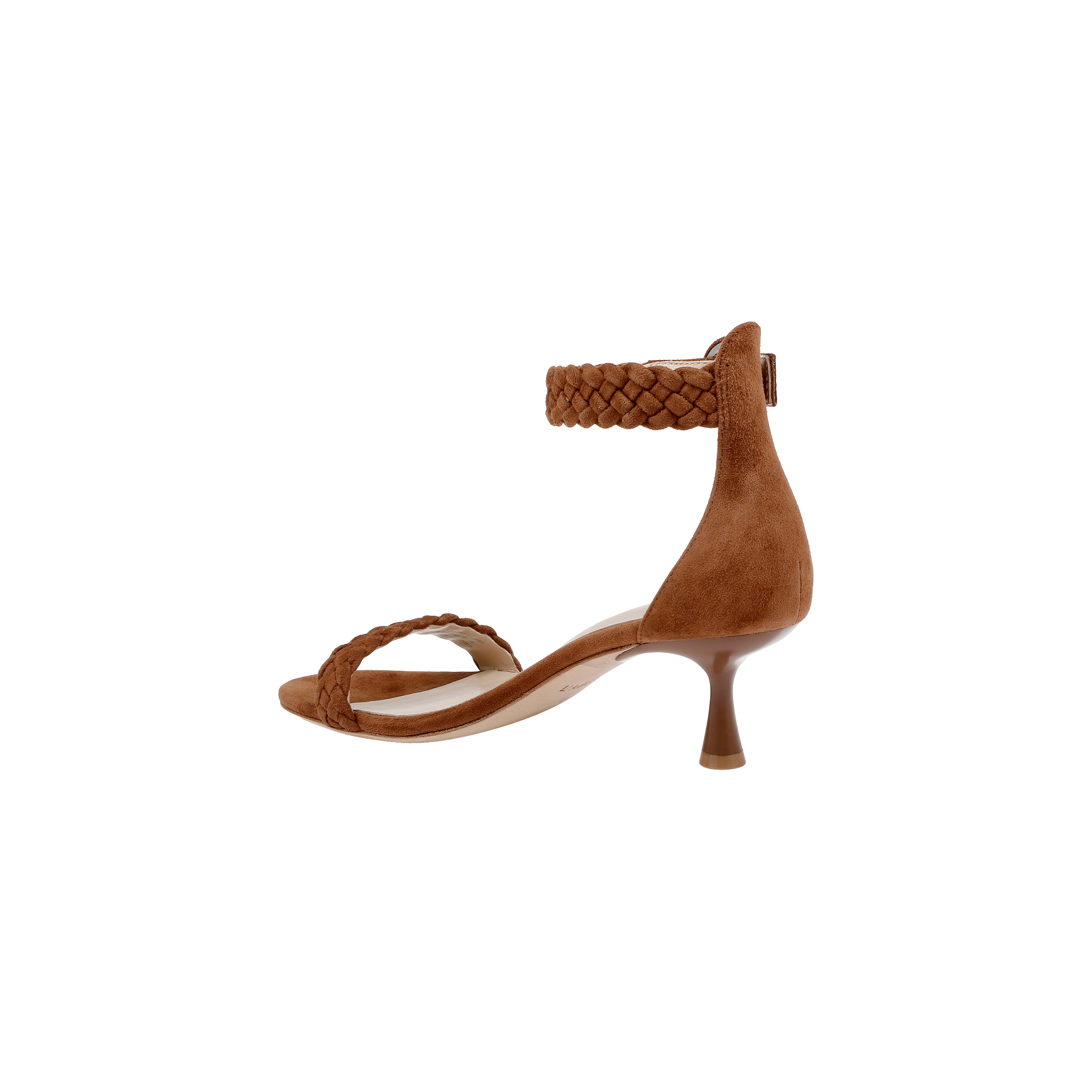 The Andelle Kitten-Heel Sandal is a brown heeled sandal featuring a braided front strap and braided ankle strap, open toe, and slim, curved kitten heel. Crafted from woven suede, this stylish sandal includes a memory foam insole for added comfort. The shoe is shown on a plain white background.