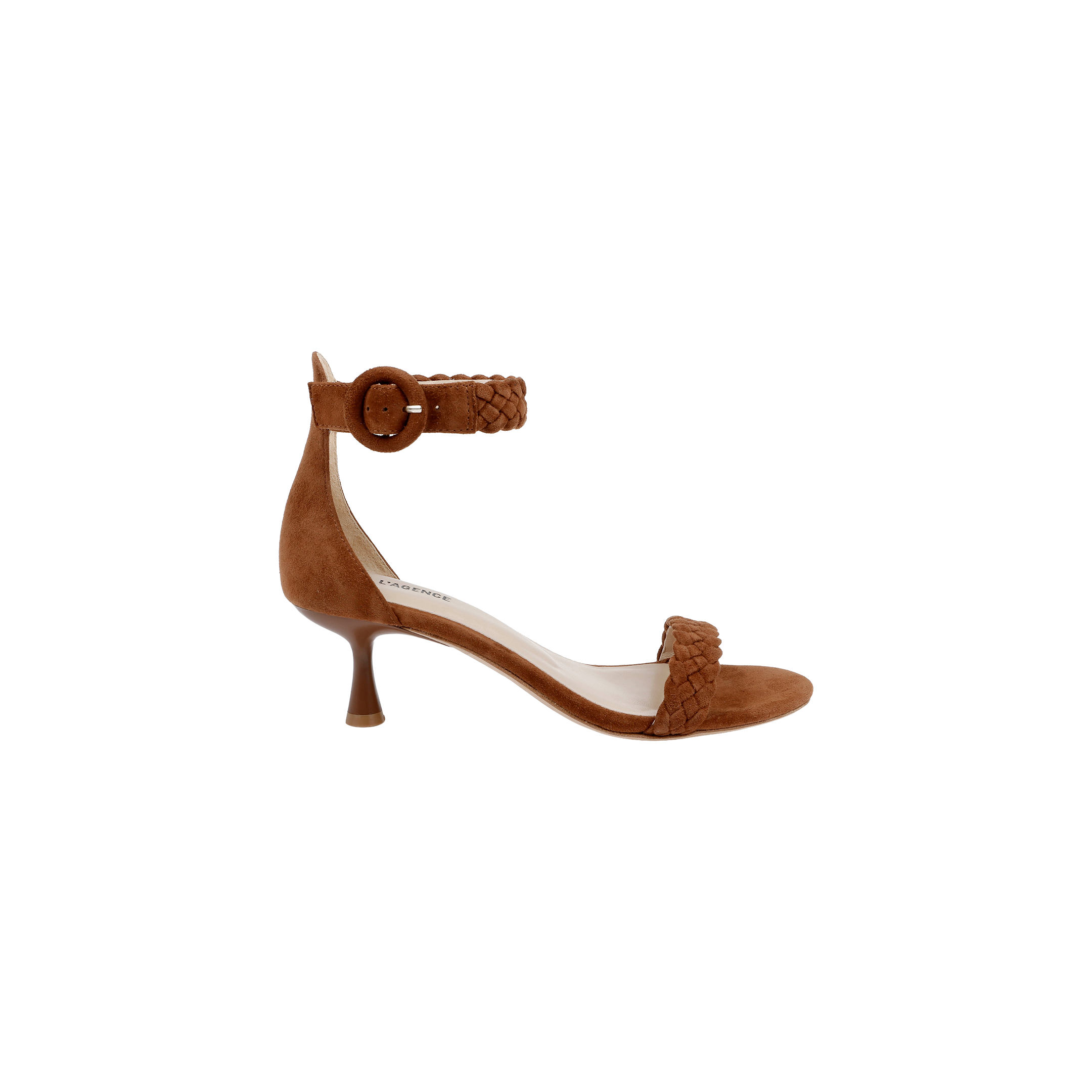 The Andelle Kitten-Heel Sandal is a brown woven suede sandal featuring a braided ankle strap with a buckle, a single braided toe strap, and a low, curved kitten heel designed for easy walking. Crafted for comfort with a memory foam insole, it is shown photographed on a plain white background.
