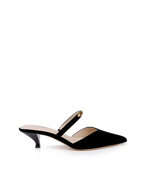 The Catania Kitten-Heel Pump features a black suede pointed-toe design with a low kitten heel, single top strap, and gold accent. Sleek and minimalist, it's photographed on a white background.