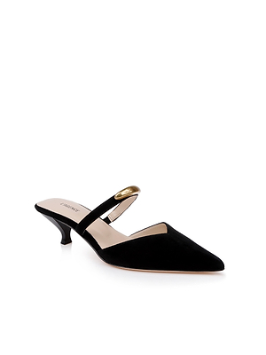 The Catania Kitten-Heel Pump features a black pointed-toe suede upper, a low kitten heel, a single diagonal strap with gold accent, and a beige insole, shown on a white background.
