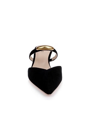 The Catania Kitten-Heel Pump is a black, pointed-toe flat with a suede upper and gold ankle strap, shown front-facing on a white background.