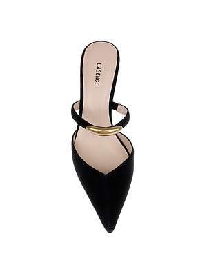 The Catania Kitten-Heel Pump features a black suede upper, pointed toe, gold decorative buckle on the strap, and LAGENCE branding on the insole, shown against a white background.