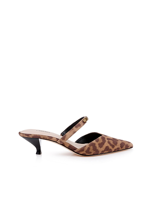 The Catania Kitten-Heel Pump is a women's mule with a pointed toe, low black kitten heel, brown leopard suede upper, slim instep strap, and an open back for effortless style.