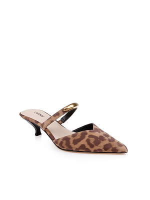 The Catania Kitten-Heel Pump is a women’s pointed-toe mule with a leopard-print suede upper, low kitten heel, and thin gold-accented strap. It is shown on a plain white background.