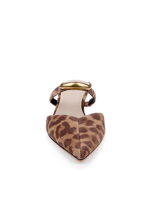 The Catania Kitten-Heel Pump is a pointed-toe mule with a brown and tan leopard print and a gold metallic strap, featuring a chic kitten heel, shown from the front on a white background.