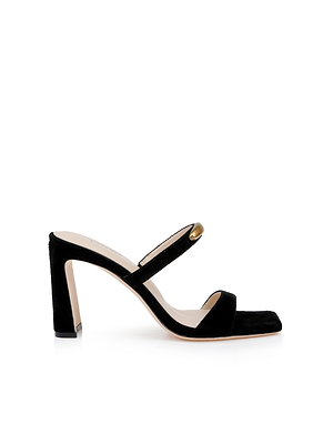 The Catriona Suede Sandal features a black square toe, sculpted heel, two slim suede straps, and a gold accent on the top strap, shown against a white background.