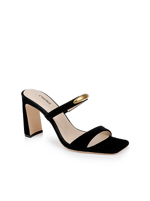 The Catriona Suede Sandal features a black suede upper, square toe, chunky sculpted heel, open back, two gold-accented straps, and a beige LAGENCE-branded insole. Medium height offers effortless elegance.