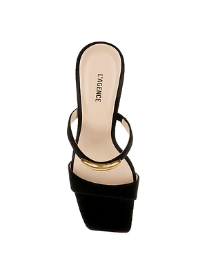 The Catriona Suede Sandal is black with a square toe, suede upper, wide front strap, and narrower mid-foot strap with a gold accent. Finished with LAGENCE branding on the insole for a refined touch.