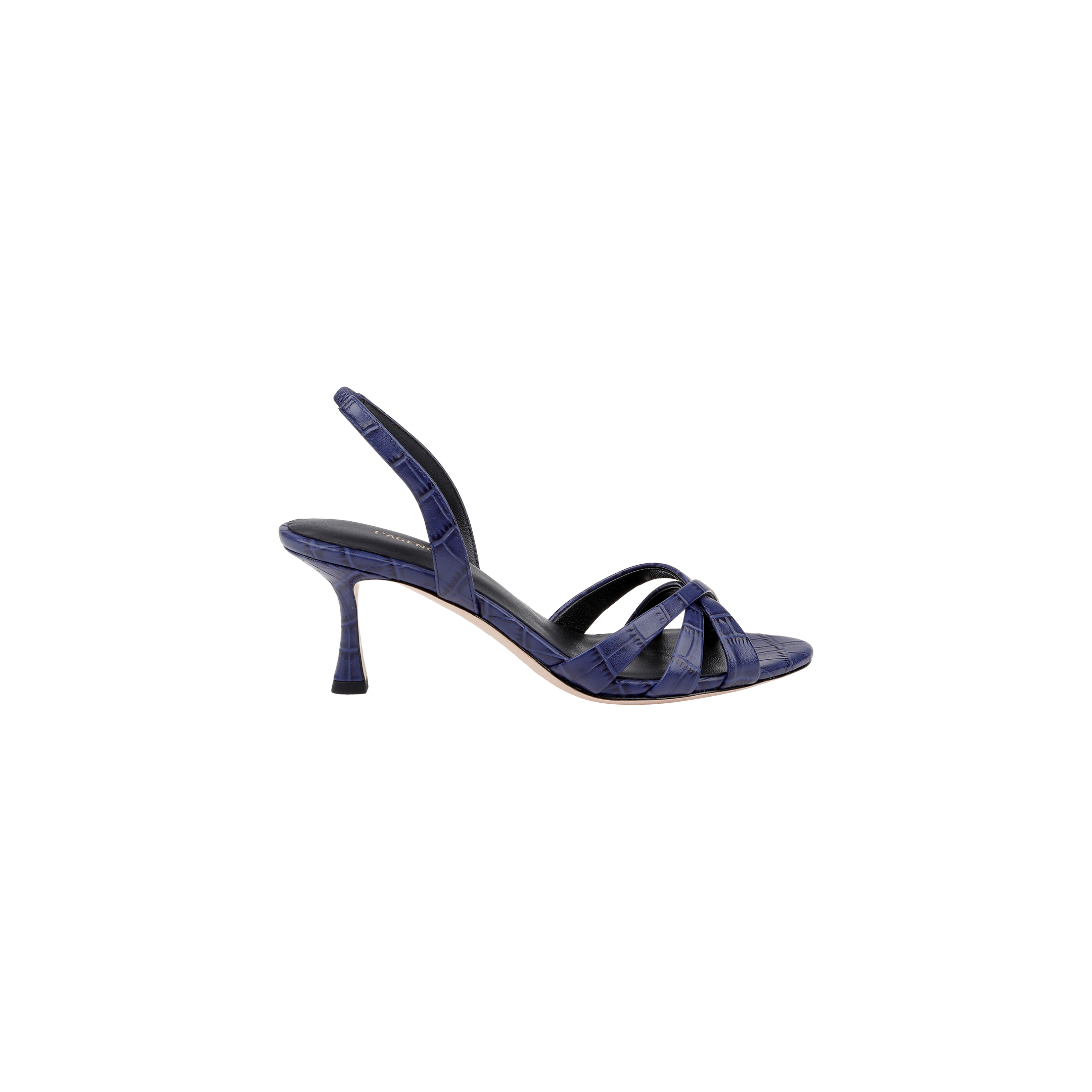 The Colwill Slingback Sandal is a single navy blue, croc-embossed mid heel sandal featuring three straps and an open toe, displayed on a white background.
