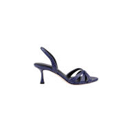 The Colwill Slingback Sandal is a single navy blue, croc-embossed mid heel sandal featuring three straps and an open toe, displayed on a white background.