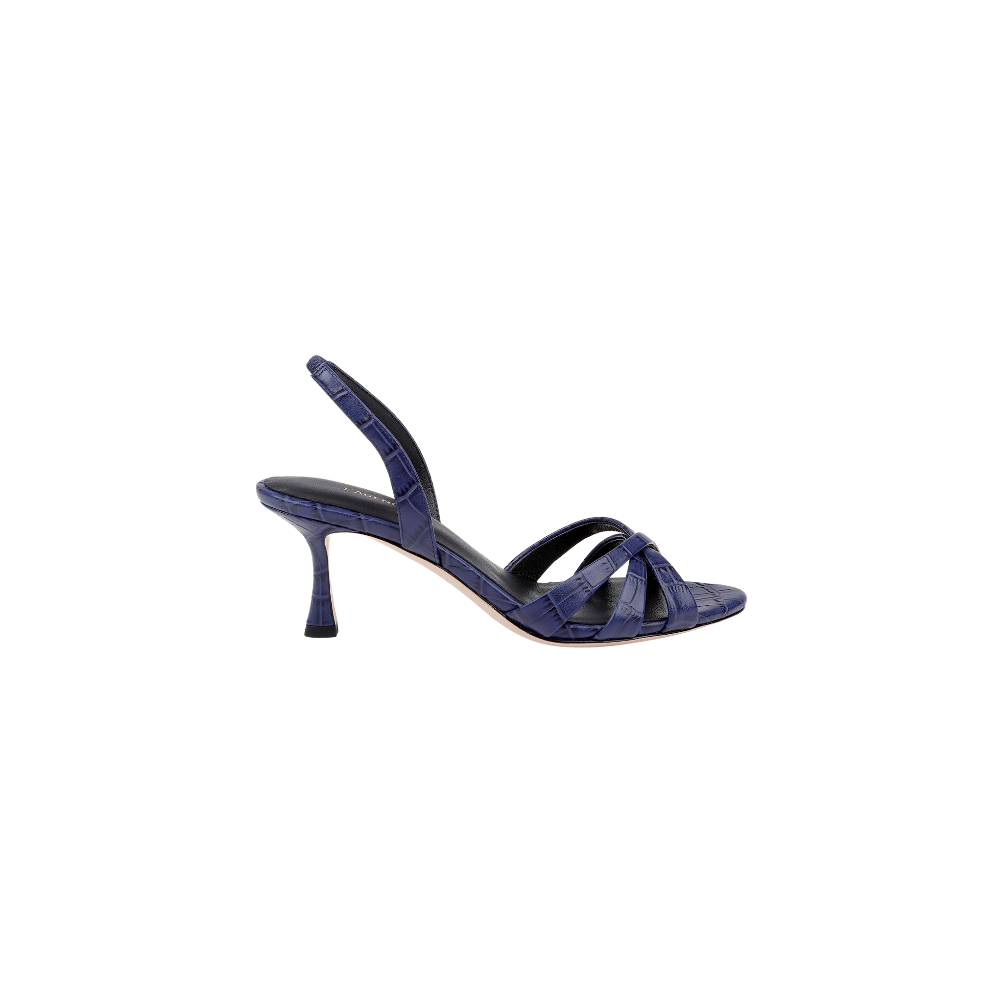 The Colwill Slingback Sandal is a single navy blue, croc-embossed mid heel sandal featuring three straps and an open toe, displayed on a white background.