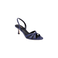 The Colwill Slingback Sandal, featuring a single navy blue croc-embossed design with an open toe, crisscross straps, and a mid heel, is set against a plain white background.