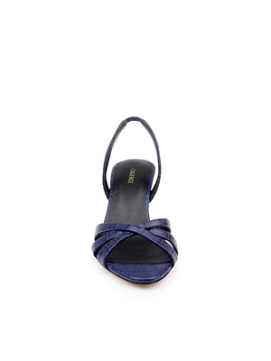 Front view of the Colwill Slingback Sandal, featuring a dark blue crisscross strap design, mid heel, open toe, and a black insole with gold brand text. Shown against a white background.