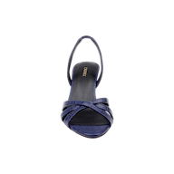 Front view of a single Colwill Slingback Sandal in dark blue croc-embossed leather, featuring crisscross straps and a mid heel, set against a plain white background.