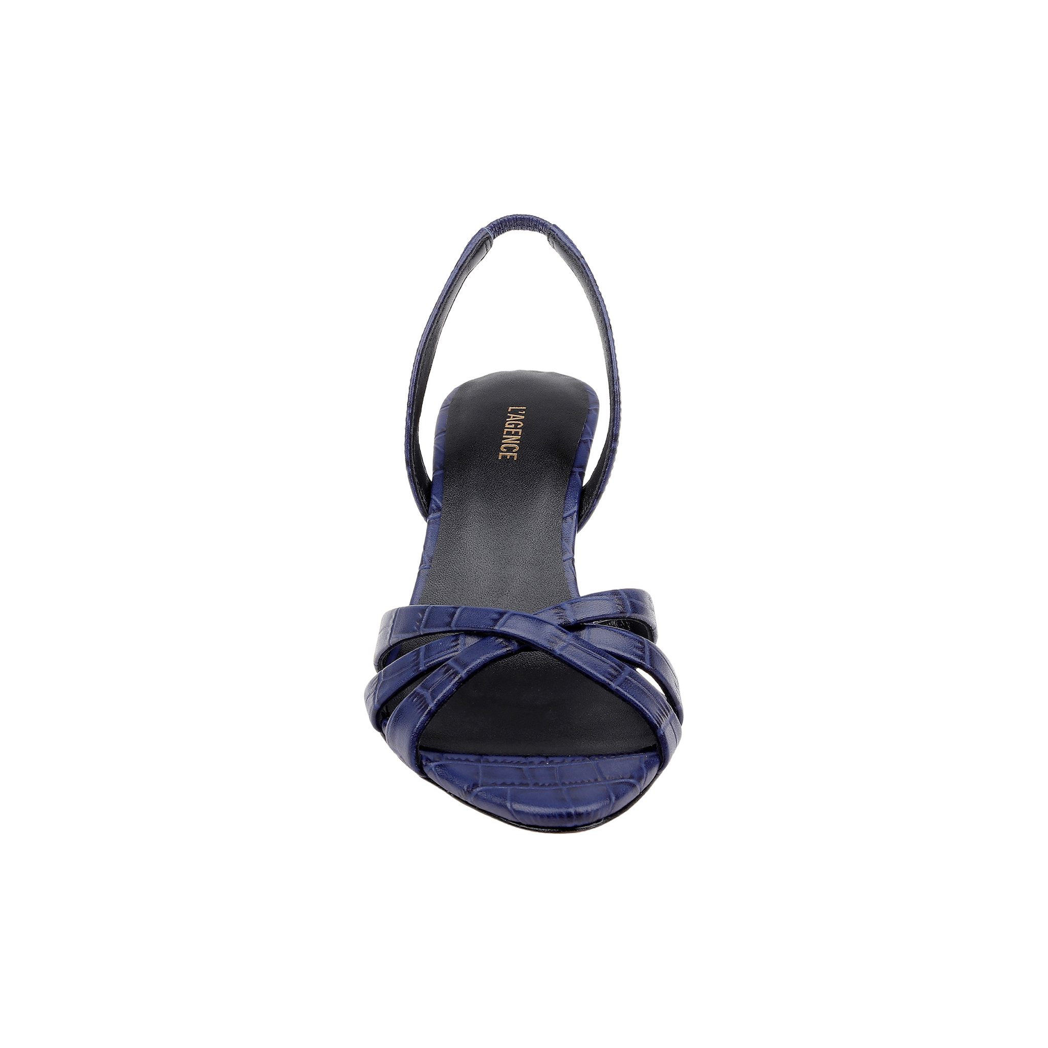 Front view of a single Colwill Slingback Sandal in dark blue croc-embossed leather, featuring crisscross straps and a mid heel, set against a plain white background.
