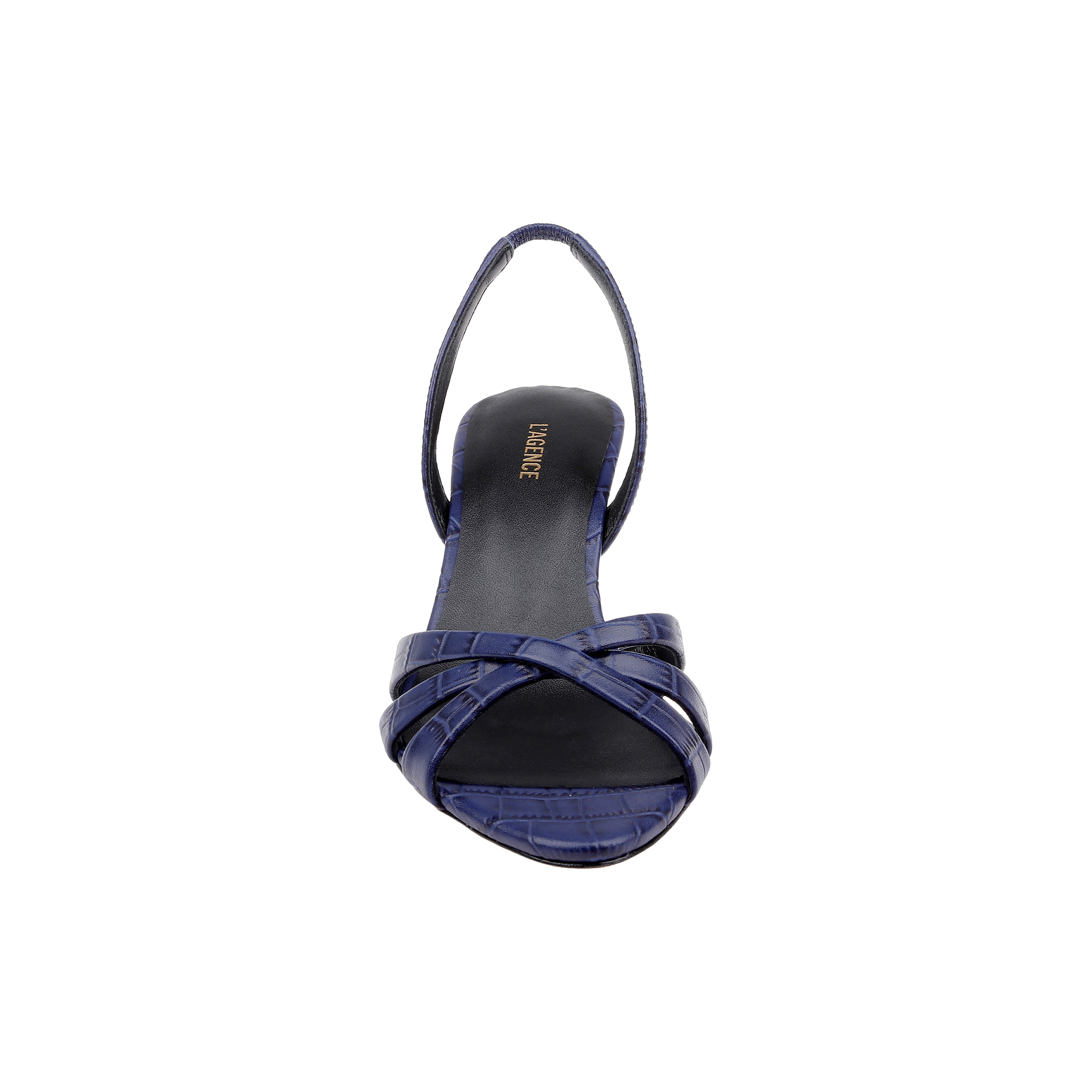 Front view of a single Colwill Slingback Sandal in dark blue croc-embossed leather, featuring crisscross straps and a mid heel, set against a plain white background.