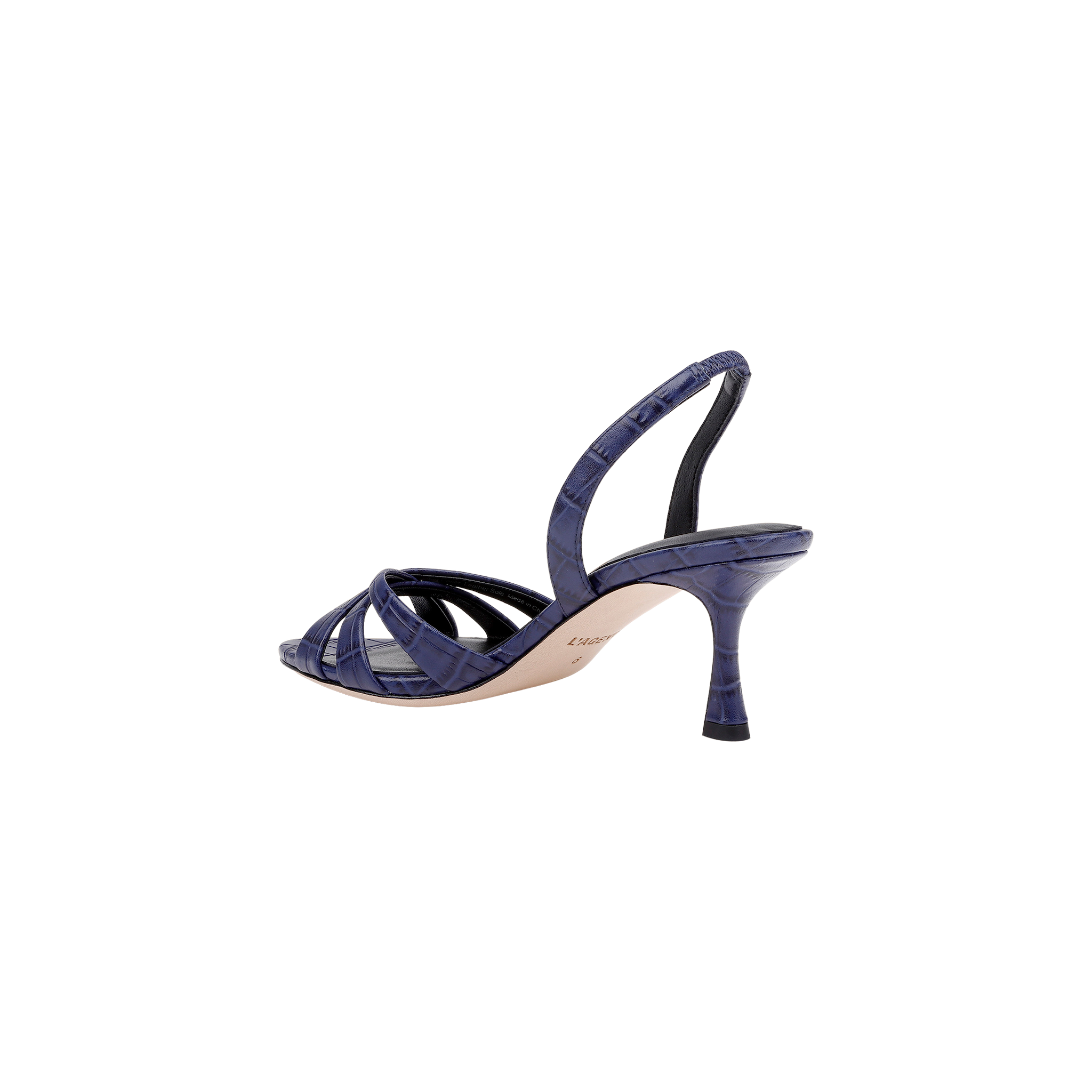 The Colwill Slingback Sandal is shown from the side on a plain white background, featuring a croc-embossed, dark blue textured finish with thin straps, an open toe design, and a mid heel.