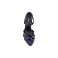 Top view of a single Colwill Slingback Sandal in navy blue, featuring a pointed toe, crisscrossed straps, and a croc-embossed pattern. The insole displays the LAGENCE brand name printed in gold. The background is plain white.