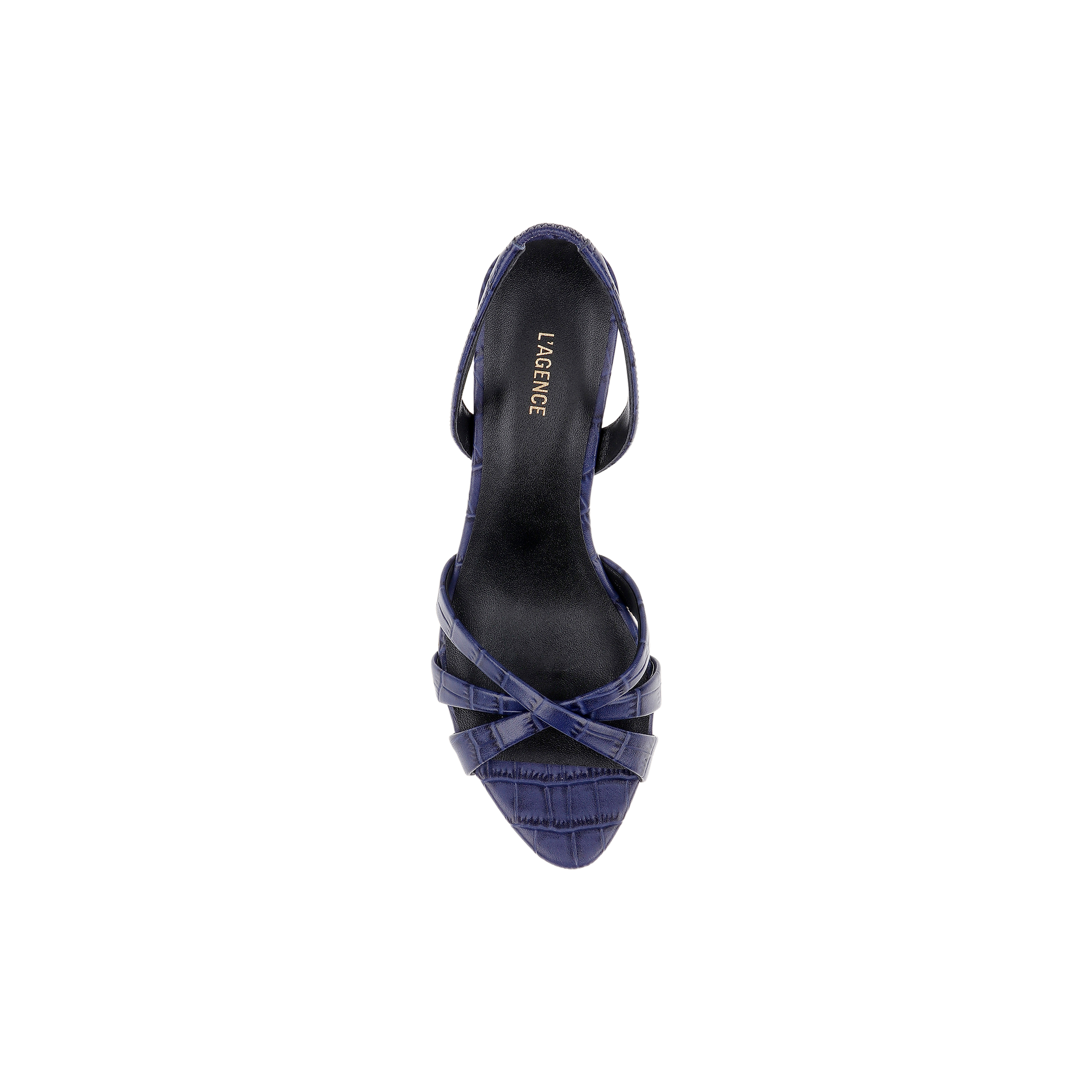 Top view of a single Colwill Slingback Sandal in navy blue, featuring a pointed toe, crisscrossed straps, and a croc-embossed pattern. The insole displays the LAGENCE brand name printed in gold. The background is plain white.