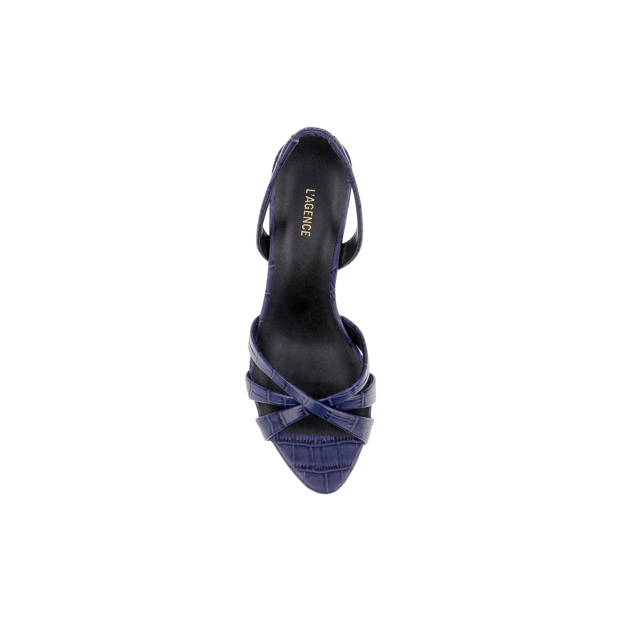 Top view of a single Colwill Slingback Sandal in navy blue, featuring a pointed toe, crisscrossed straps, and a croc-embossed pattern. The insole displays the LAGENCE brand name printed in gold. The background is plain white.
