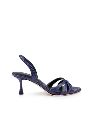 The Colwill Slingback Sandal is a navy blue, croc-embossed leather shoe with a mid heel, open toe, two front straps, and an ankle strap, displayed on a white background.