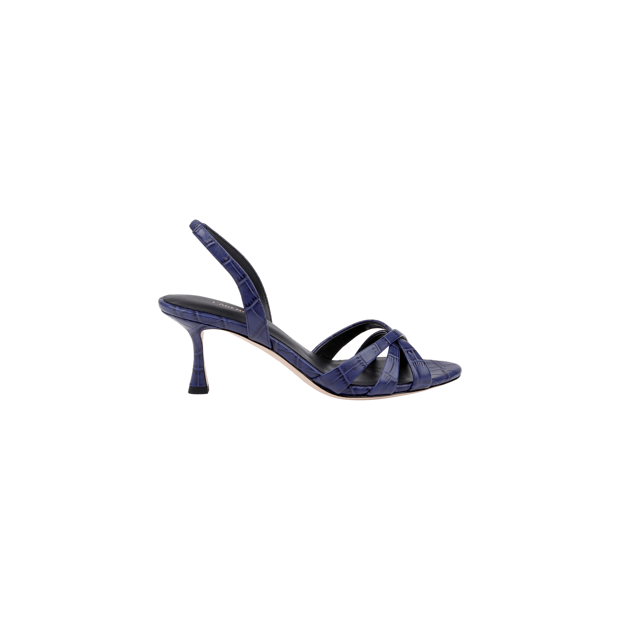 The Colwill Slingback Sandal is featured as a single navy blue shoe with a mid heel and faux crocodile texture, displayed against a plain white background.