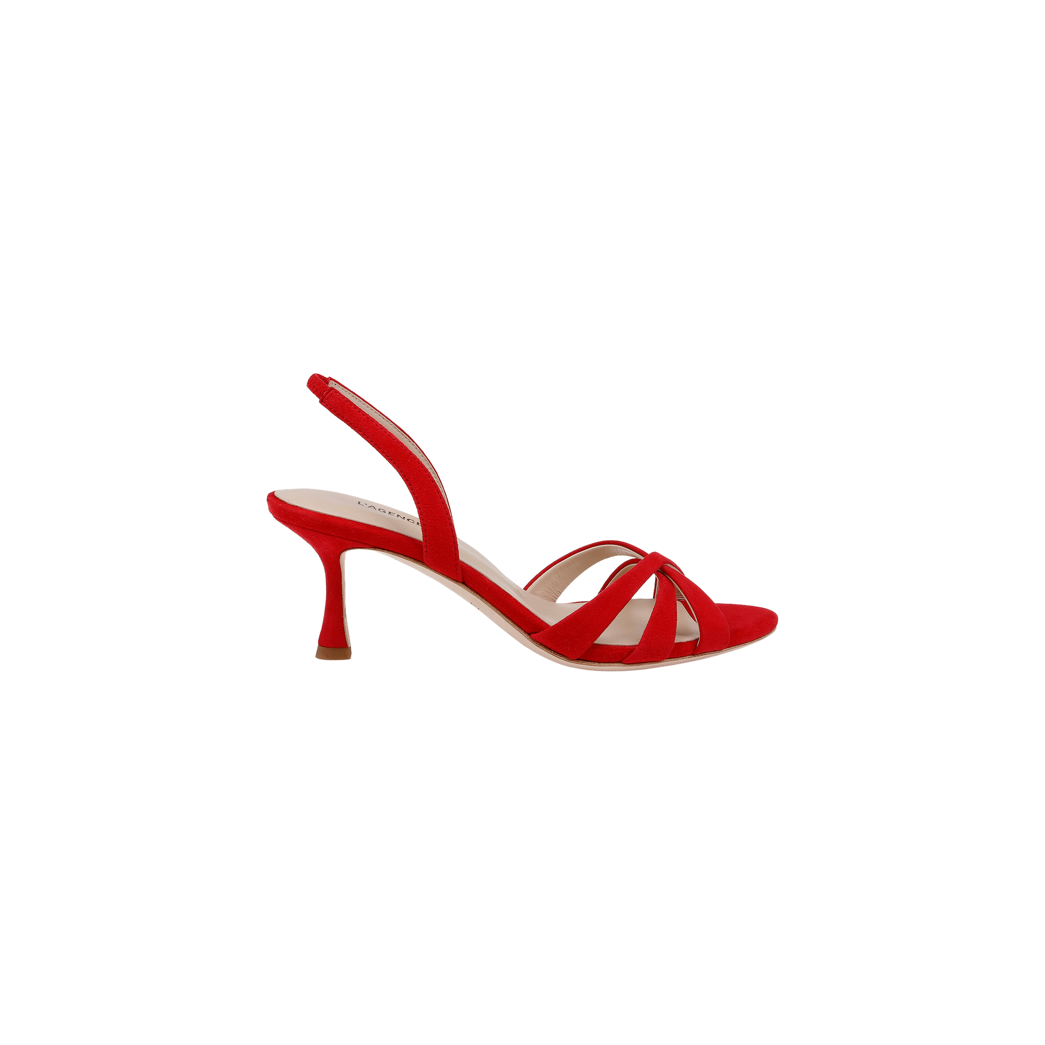 The Colwill Slingback Sandal is a red, mid-heel sandal featuring an open toe, crisscross suede straps at the front, and a slingback design, shown against a plain white background.