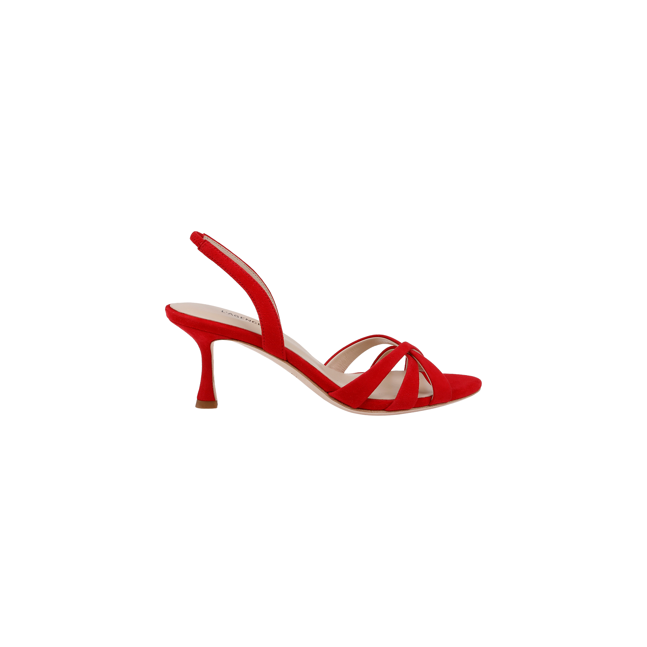 The Colwill Slingback Sandal is a red, mid-heel sandal featuring an open toe, crisscross suede straps at the front, and a slingback design, shown against a plain white background.