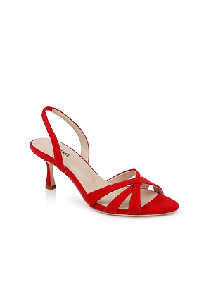 The Colwill Slingback Sandal features a red suede upper, open toe, crisscross straps, and a mid heel stiletto. A beige inner sole contrasts elegantly, all displayed against a white background.