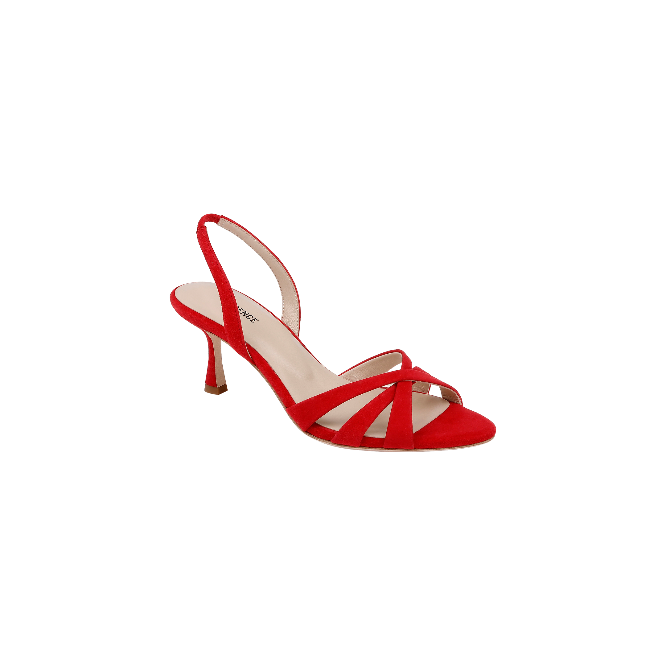 The Colwill Slingback Sandal is a red, open-toe mid heel with crisscross suede straps in a slingback design, shown against a plain white background.